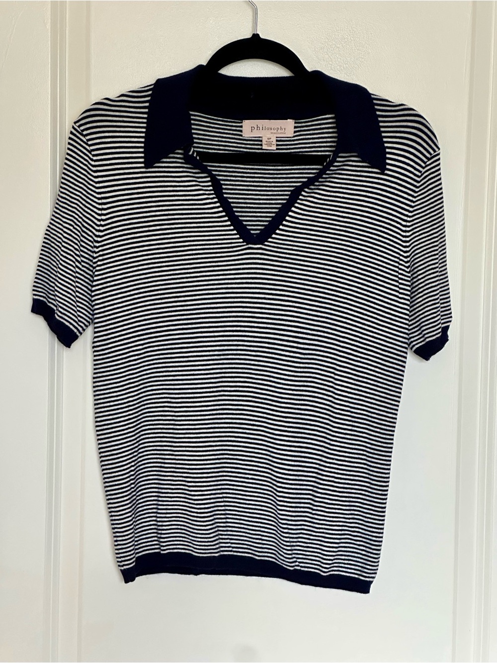 Philosophy Navy and White Striped Short-Sleeve Polo Top